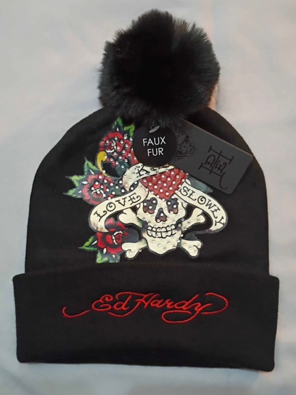 Ed Hardy Skull and Roses Beanie with Faux Fur Pom